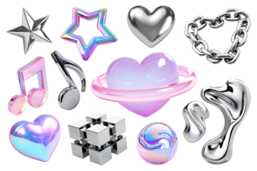 PNG 3d hologram and chrome element set, transparent background