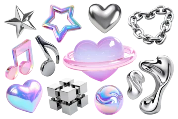 Gordijnen 3D PNG 3d hologram and chrome element set, transparent background  © Rawpixel.com