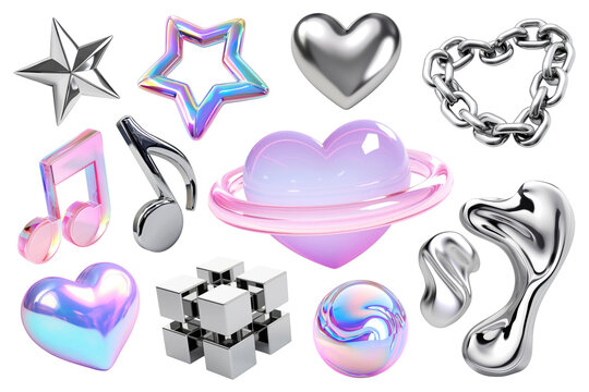 PNG 3d hologram and chrome element set, transparent background