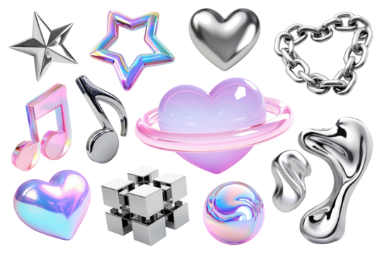 PNG 3d hologram and chrome element set, transparent background