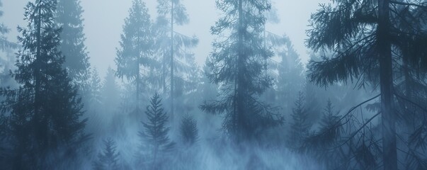 Tall pines in a foggy forest, 4K hyperrealistic photo