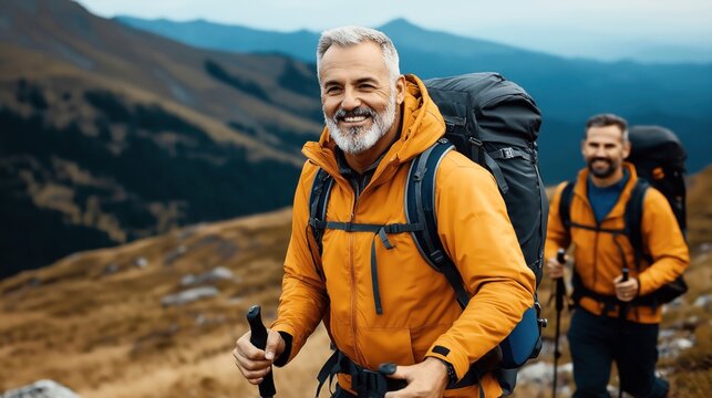 Two men hiking in the mountains with backpacks and trekking poles, wearing orange jackets and smiling, with a scenic mountainous landscape in the background.