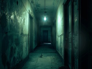 Eerie Dark Hallway with Flickering Light Bulb