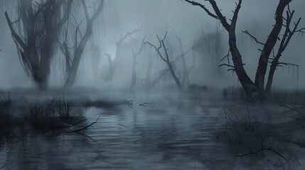 Obraz premium Mysterious Misty Swamp with Twisted Trees and Fog