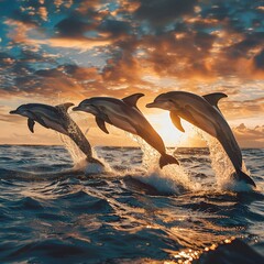 Fototapeta premium A pod of playful dolphins leaping from the vibrant sunset lit ocean