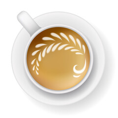 Coffee mug top view. Cappuccino espresso latte milk brown coffee realistic template