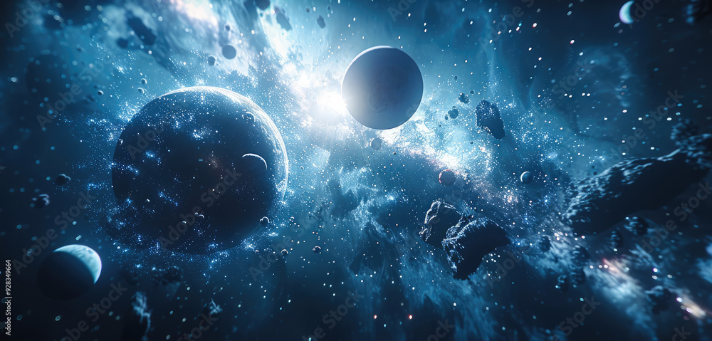 Aufkleber the galaxy with planets and meteorites. generative ai.