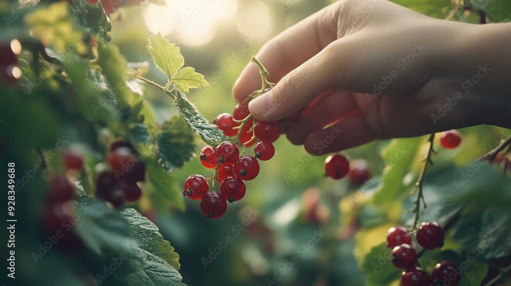 Sticker Hand picking ripe red currants in a lush garden during late afternoon sunlight