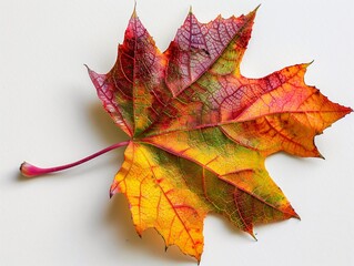 Single Colorful Fall Leaf with Intricate Veins on White Background