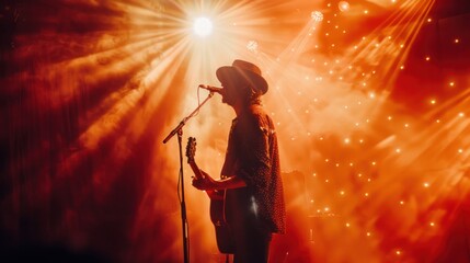 A high-resolution image of a musician performing live on stage with dramatic lighting. 24k photo --ar 16:9 Job ID: 570821b0-8125-431b-a5a5-dfbe8d829c84