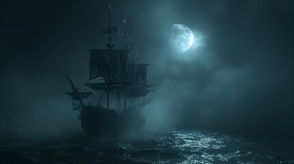 Ghostly Ship Sailing Through Haunting Moonlit Foggy Waters Amid Atmospheric Darkness