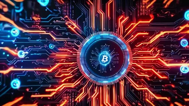 A glowing Bitcoin symbol within a digital circuit board with red and blue lines.