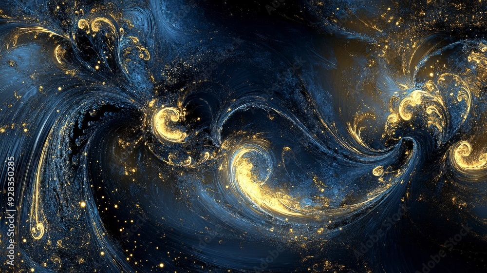 Aufkleber abstract background with dark blue and gold hues, featuring intricate patterns and shimmering partic