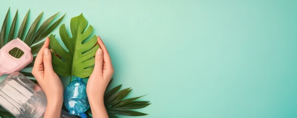 Hands holding a green leaf and plastic waste, sustainability concept, 3D illustration