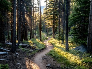 Fototapeta premium Narrow winding trail meandering through a lush forest of tall pine trees with soft sunlight breaking through the foliage creating a peaceful and serene hiking experience in the great outdoors