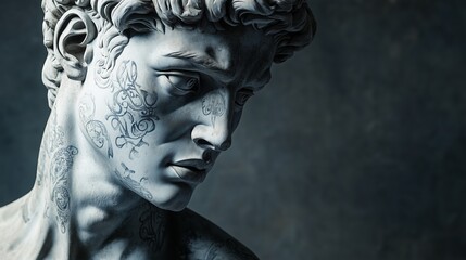 Detailed close-up of a tattooed statue capturing intricate details in a soft-lit studio setting