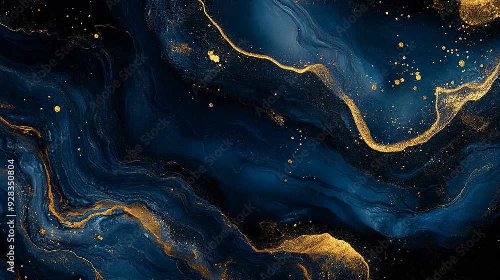 Aufkleber abstract background with dark blue and gold hues, featuring intricate patterns and shimmering partic