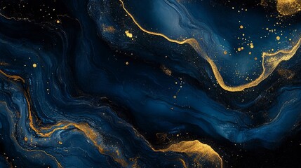 Abstract background with dark blue and gold hues, featuring intricate patterns and shimmering particles. A blend of elegance and mystery, evoking a sense of depth and sophistication. Generative ai