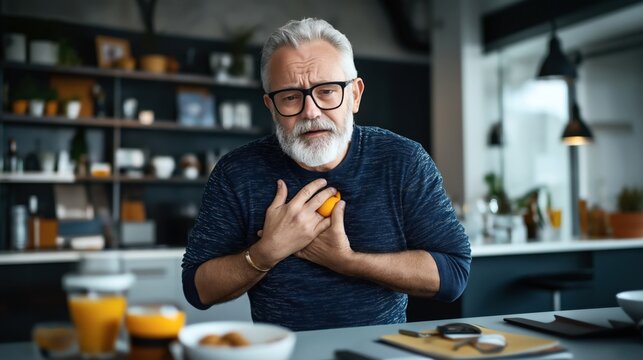 Elderly man with glasses holding his chest, standing in a kitchen, appearing to experience chest discomfort or pain. - Powered by Adobe