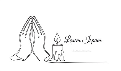 Continuous single one line drawing of Two Hands Pressed Together in Prayer Position and candle. Pray for peace. Action for Prayer, Gratitude, Greeting and Thankful Isolated on White Background