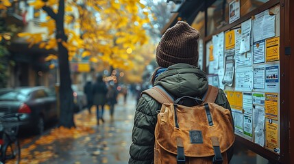 A close-up of a neighborhood watch member posting a safety notice on a community bulletin board, with the background showing a busy neighborhood hub with people passing by.