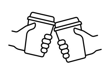 Hand holding take away coffee in reusable cup, clink simple line icon. Fast drink flat design. Takeaway drink in paper mug. Coffee to go. Vector illustration