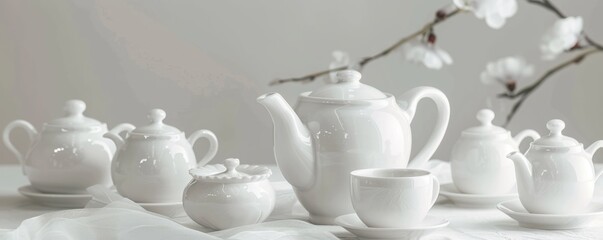 White porcelain tea set on white background, 4K