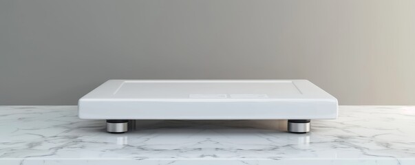 White kitchen scale on white background, 4K hyperrealistic photo