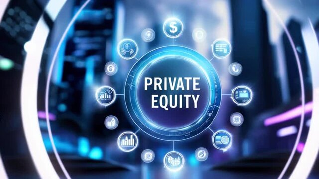 Private equity concept with a blue futuristic background.