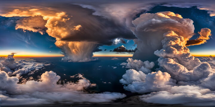 Full 360 degrees seamless spherical panorama HDRI equirectangular projection of A swirling puffy clouds dark sky. Texture environment map for lighting and reflection source rendering 3d scenes.	
