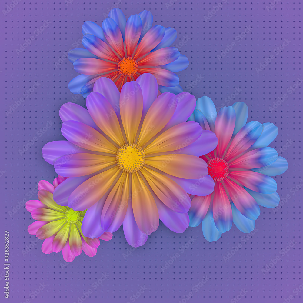 Poster colorful composition of flowers with a gradient effect from warm to cool colors. 3d rendering digita