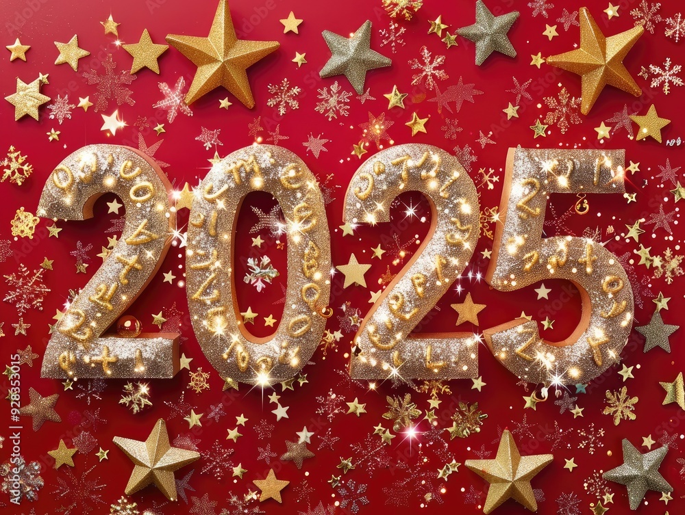 Poster a red background with gold stars and the number sign 