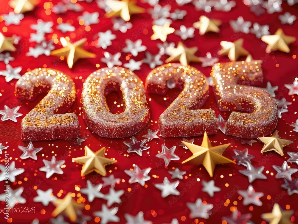 Poster a red background with gold stars and the number sign 