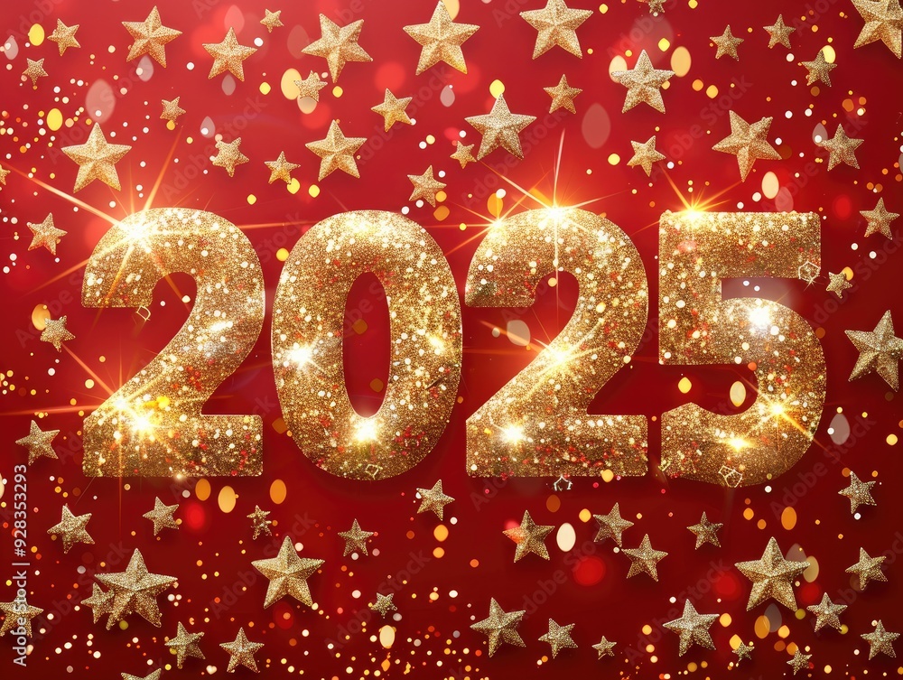 Poster a red background with gold stars and the number sign 