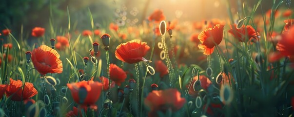 Obraz premium Vibrant poppies in a field of green, 4K hyperrealistic photo