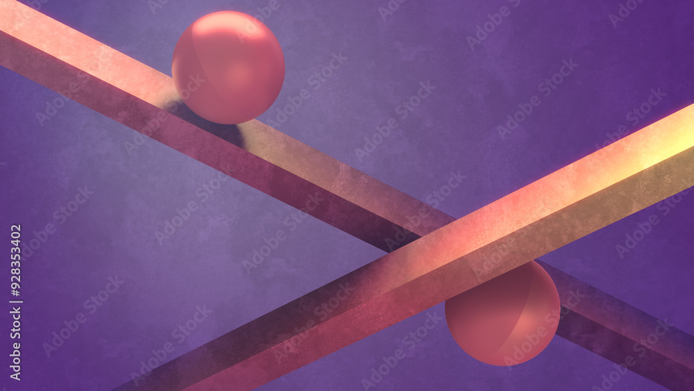 Poster Digital illustration where bright pink spheres roll on sloping red-orange planes on a purple background. 3d rendering