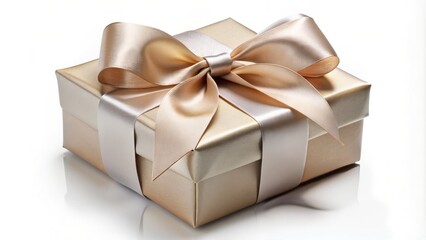 Obraz premium A beautifully wrapped gift box with a satin ribbon and a delicate bow sits alone on a clean white background, exuding elegance and sophistication.