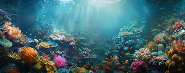 Vibrant coral reef teeming with marine life, 4K hyperrealistic photo