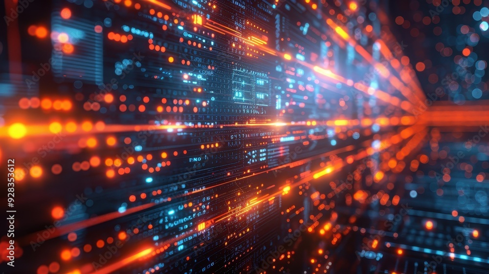 Poster dynamic abstract background of glowing lines and dots, representing digital technology and data flow