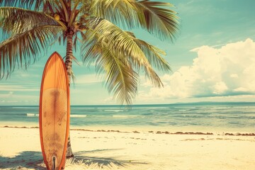 Classic surfboard with palm tree on sunny beach Vintage hues