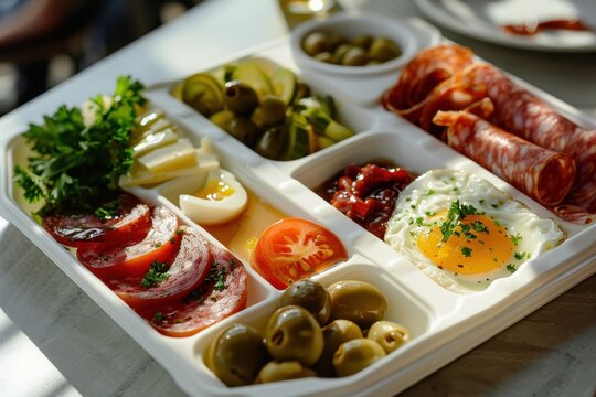 Classic Turkish breakfast with a variety of items on a white food tray