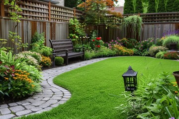 Obraz premium Charming backyard garden with wooden fence, green grass, and a comfortable bench amidst flower beds, reflecting simple Montreal-style home design.