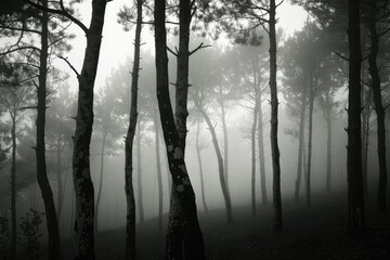 Naklejka premium Trees shrouded in misty fog, serene atmosphere