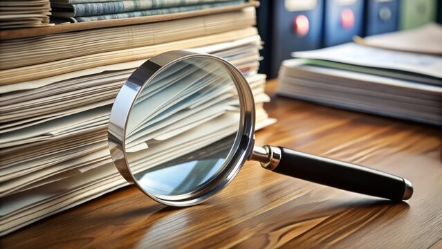 A close-up of a magnifying glass examining a person's Criminal History Report, with a blurred-out background of police files and folders on a desk.