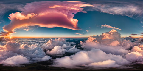 Fototapeta premium Full 360 degrees seamless spherical panorama HDRI equirectangular projection of A swirling puffy clouds pink sky. Texture environment map for lighting and reflection source rendering 3d scenes. 