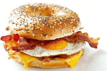 Close up of a bagel breakfast sandwich with egg cheese and bacon on white background