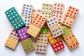 A colorful arrangement of wooden dominoes with varying numbers of dots lies flat on a clean white background, waiting to be played with precision and strategy.