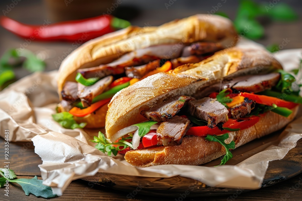 Sticker Close up of Banh mi sandwich with grilled pork peppers salad on plate