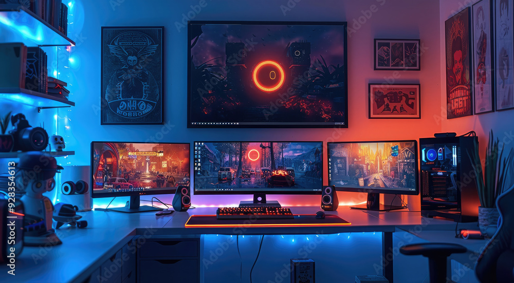 Aufkleber gaming room with a dual-monitor setup on a sleek desk, vibrant led strips along the walls, and a col