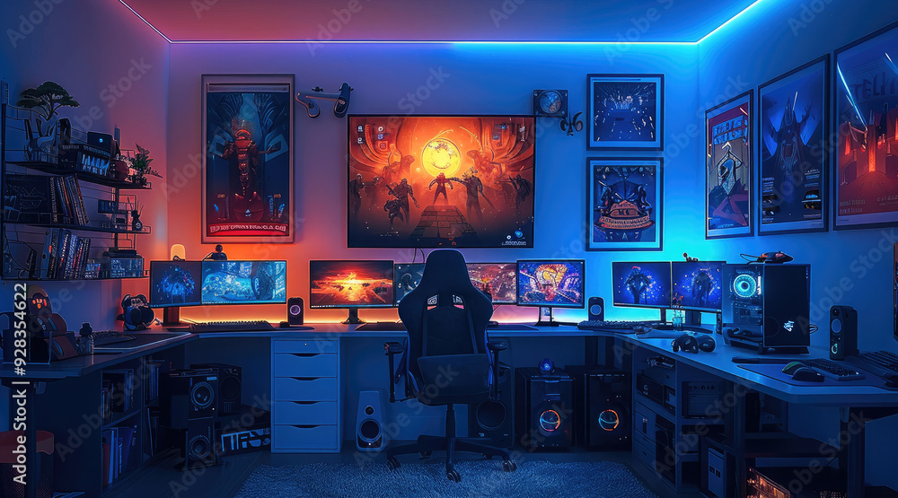 Aufkleber gaming room with a dual-monitor setup on a sleek desk, vibrant led strips along the walls, and a col